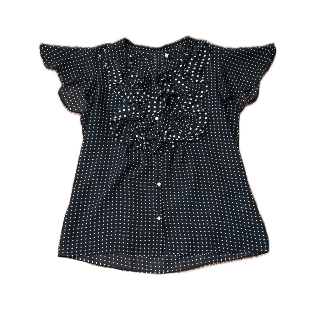 Navy and White Flutter Sleeve Ruffled Blouse